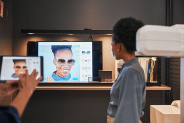 Glasses, fashion and presentation with a designer black woman giving a product proposal in a boardroom. Meeting, marketing and style with a female employee introducing a new eyewear frame design
