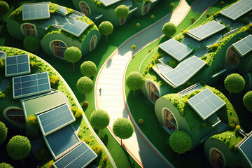 Wall Mural - drone view of residential houses with photovoltaic solar panels and gardens. renewable and ecologica