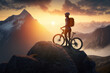 woman cyclist rider in mountain bike on mountain peak at sunset. freedom and healthy lifestyle concepts. generative ai