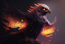 Powerful Dark Eagle In Fire Flames On Dark Background