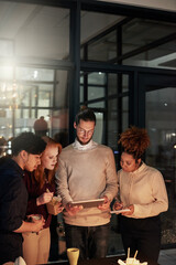 Poster - Night business, people and planning on tablet technology for teamwork, research or collaboration in dark office. Diversity, digital strategy and working late online in designer agency of job deadline