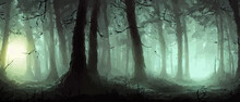 Misty Forest. Dark Tree Silhouette. Tree Tricks In The Blue Mist. Fog In The Night Forest Illustration Banner. Spooky Forest With Full Moon And Floor. Without Leaves And Branches Of Autumn.