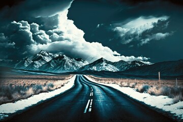 Sticker - A rural road in the snow, set against a bleak landscape. Dark, dramatic clouds roll over the mountains in the background. Fantasy landscapes of a cold winter are painted here. Photograph in the HDR to