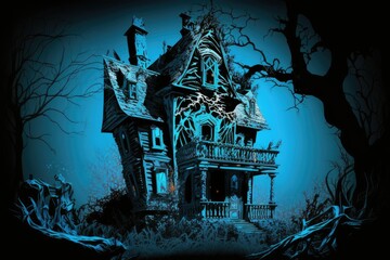 Sticker - a spooky house is featured vertically on a Halloween banner. Decrepit mansion hidden in the dark woods. Strange colonial house in the middle of the woods. Picture altered with a cool blue hue