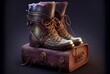 Closeup of Boots of travel leather shoes in creative style on the book on floor background. Accessories and items concept. Generative AI