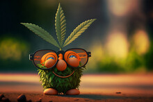Happy Green Marijuana Leaf With Orange Sunglasses And Big Blue Eyes Isolated On Cinematic Blurred Background. Abstract Cartoon Floral With Leaf Of Cannabis Plant With Big Smile. Generative Ai Weed	