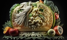  A Carving Of A Bird Surrounded By Fruits And Vegetables On A Black Background.  Generative Ai