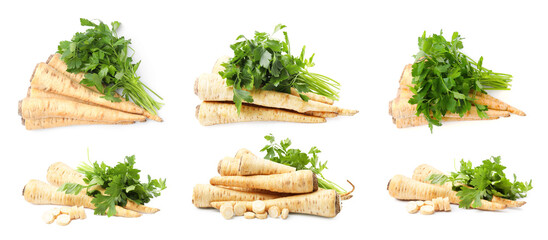 Collage with whole and cut parsley roots on white background