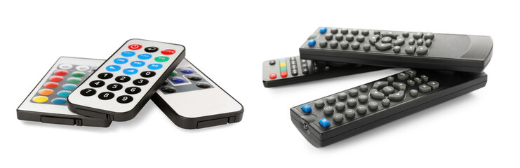 Set of different remote controllers on white background