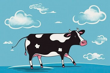 Wall Mural - To the right of a blue sky stands a black and white cow with a pink nose. Generative AI
