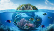 Ocean Tropical island with colorful underwater world, generative ai.
