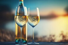 Two Vine Glasses With White Wine, A Bottle Of White Wine Behind Them, Sunset Blurred In The Background. Generative AI. 