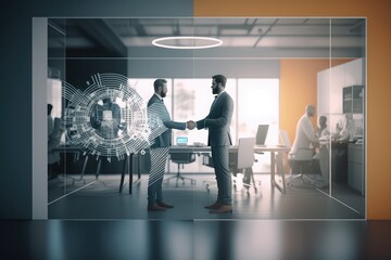 3d render two business man shaking hands in a glass modern office. Generative AI. 