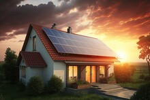 Small Family House With Solar Panels On The Roof And Sunset In The Background. Generative AI. 