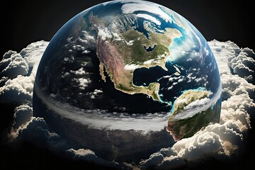 Wall Mural - view of planet earth from space with clouds circling around the globe. generative ai.