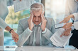 © Tamline L/peopleimages.com - Chaos, stress and senior businessman with headache from multitasking, workload and team pressure in office. Crisis, fail and corporate manager with anxiety, mistake and compliance, documents or audit