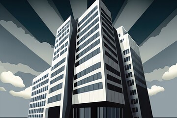 Sticker - Perspective of a dark, skyscraping building set against a dreary gray blue sky. Abstract skyscraper building with a lot of floors. Generative AI