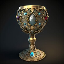 Royal Goblet, Gold Chalice Inset With Various Jewels, Ornately Decorated Illustration Of Holy Grail [Generative AI]