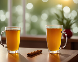 glass cup of spring tea and teapot in a cozy kitchen created with Generative AI technology