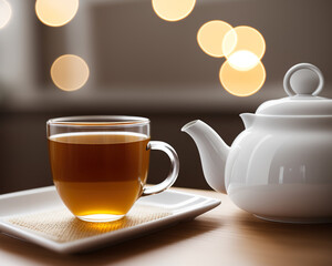 glass cup of spring tea and teapot in a cozy kitchen created with Generative AI technology