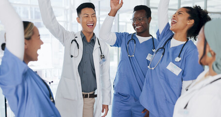 Wall Mural - Doctor, hands or stack in teamwork motivation, collaboration or cheering in healthcare, wellness or life insurance. Smile, happy or clapping medical people in success, diversity or celebration circle