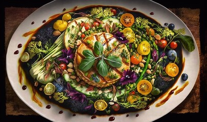 Sticker -  a plate of food with a lot of vegetables on it.  generative ai