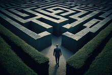 Man In Maze Is Looking For Way Out. Concept Of Finding Right Solutions In Life. Figure Of Man In Labirynth With High Walls. Created With Generative AI