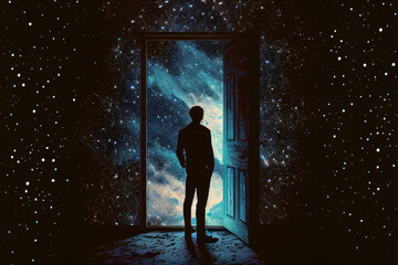 Wall Mural - human silhouette standing in front of open door and looking into space galaxy background. magic port
