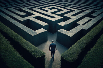 man in maze is looking for way out. concept of finding right solutions in life. figure of man in lab
