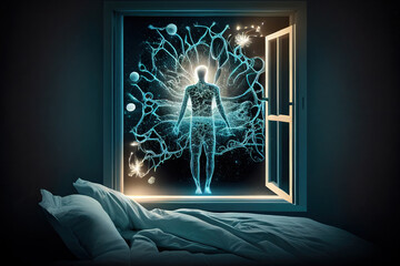 Wall Mural - astral body levitate over bed in the bedroom. soul flies out of the sleeping person. travel to anoth