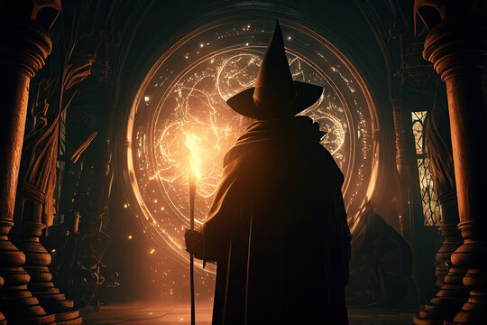 A wizard with a magic staff in hall with sunlight. Concept of magic and sorcery in fantasy world. Created with Generative AI