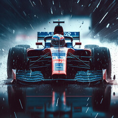 formula 1 car racing in the rain