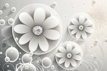 Wall Mural - White backdrop with elegant circular flowers and droplets. Generative AI