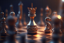 Chess Piece On Chessboard, Competition Success And Strategy Game Play, Design Created With Generative Ai