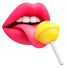 Cartoon Sexy Female Lips And Tongue Licking Yellow Round Sugar Candy On Stick. Beautiful Mouth Licking Lollipop Isolated On Transparent Background. PNG File