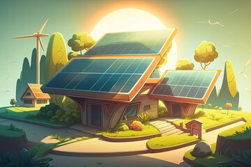 Wall Mural - Using photovoltaic cells, a solar power plant can convert sunlight into usable. Generative AI