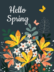 Canvas Print - Hello Spring. Bouquet of spring flowers with butterflies on a dark blue vertical background. Festive March postcard. 