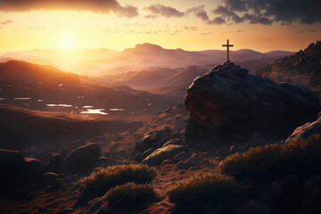 Wall Mural - The cross sits at the top of the mountain, and the light shines on Calvary Hill ,made with Generative AI