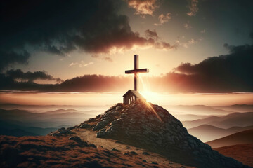 Wall Mural - The cross sits at the top of the mountain, and the light shines on Calvary Hill ,made with Generative AI