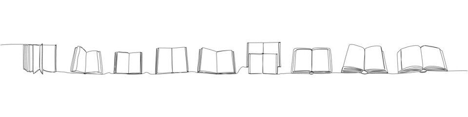 Wall Mural - A set of several open books lying on the table one line art. Continuous line drawing of book, library, education, school, study, literature, paper, textbook, knowledge, read, learn, page reading
