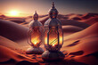 Realistic ilustration. Ramadan lanterns in desert background at sunset.  Generative ai