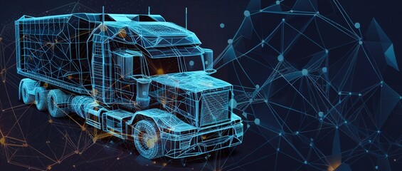 Fast delivery truck icon form lines and triangles, point connect Generative AI