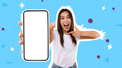 Wall Mural - excited woman showing white empty smartphone screen and pointing, collage
