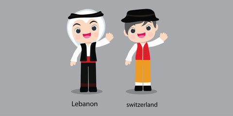 Wall Mural - Lebanon in national dress with a flag.  man in traditional costume. Travel to Switzerland. People. Vector flat illustration.