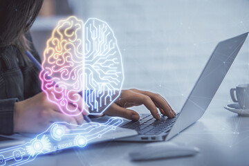 Fototapete - Multi exposure of woman hands working on computer and human brain hologram drawing. Ai tech concept.