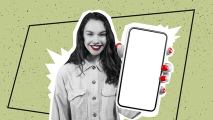 Smiling young european brunette lady in casual showing smartphone, mockup