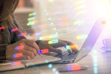 Fototapete - Multi exposure of woman hands working on computer and data theme hologram drawing. Tech concept.