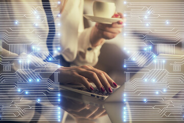 Fototapete - Double exposure of woman hands typing on computer and technology theme drawing. High Tech concept.
