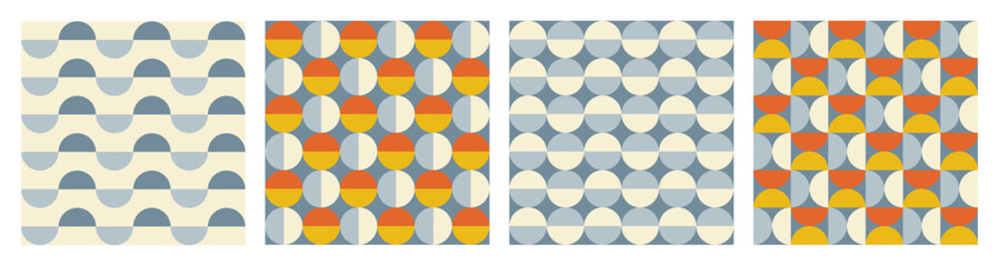 Wall Mural - Trendy retro set geometric seamless patterns with colorful semicircles and circles. Modern abstract background. Orange, beige, yellow and blue colors. Vector illustration