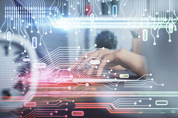 Fototapete - Double exposure of woman hands working on computer and data theme hologram drawing. Tech concept.
